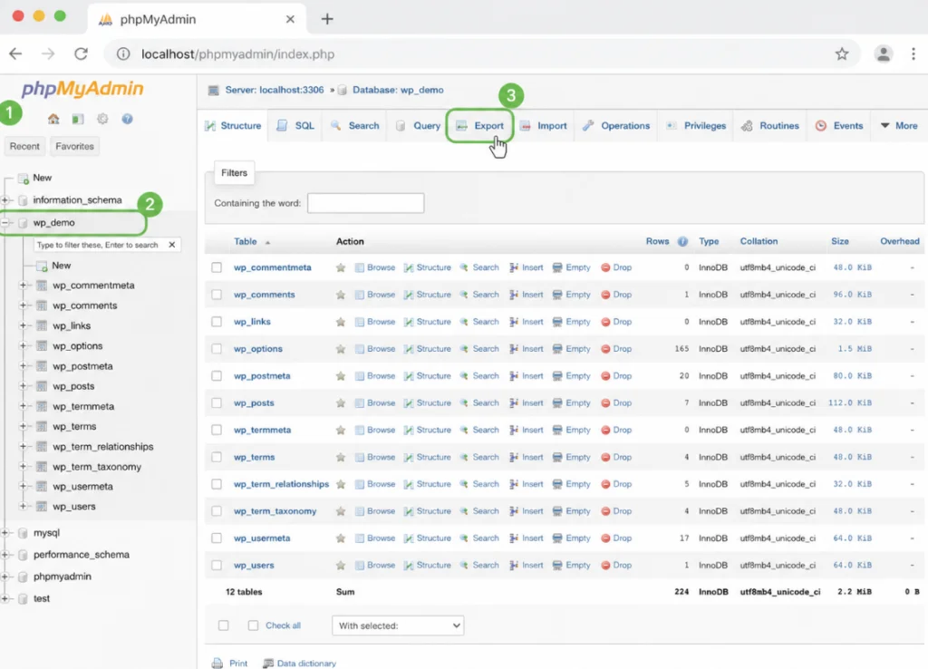 phpMyAdmin with the WordPress database selected in the left panel and the Export tab highlighted