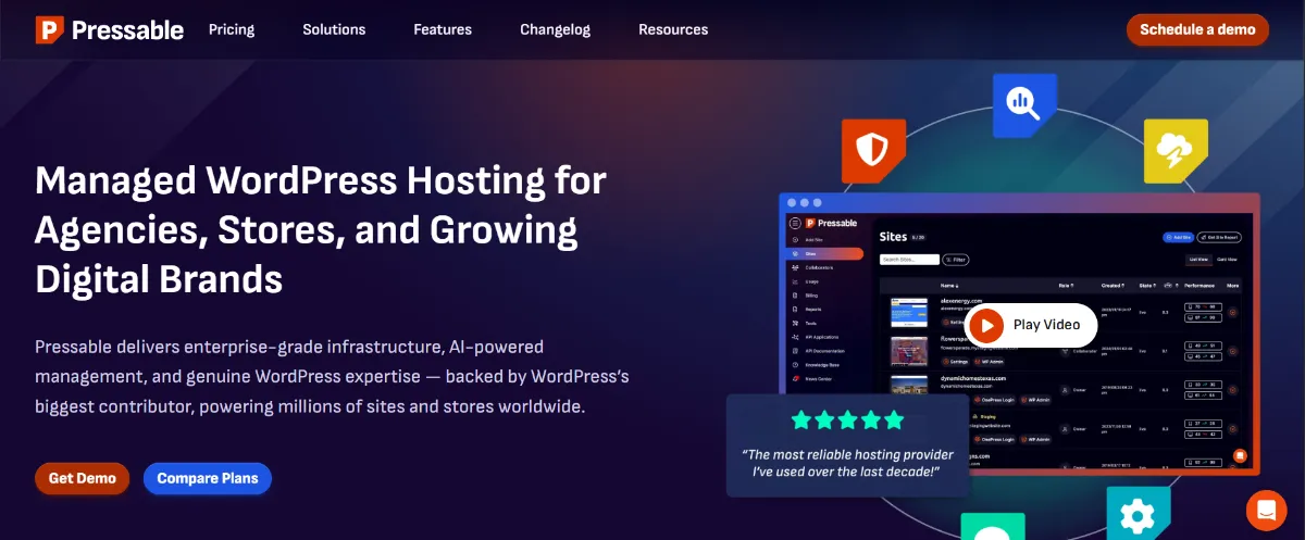 Pressable homepage for managed WordPress hosting for agencies, stores and growing brands