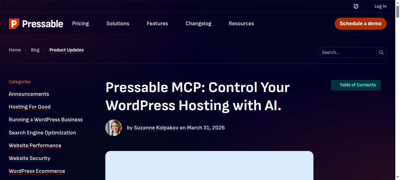 Pressable MCP announcement: Control your WordPress hosting with AI, published 31 March 2026