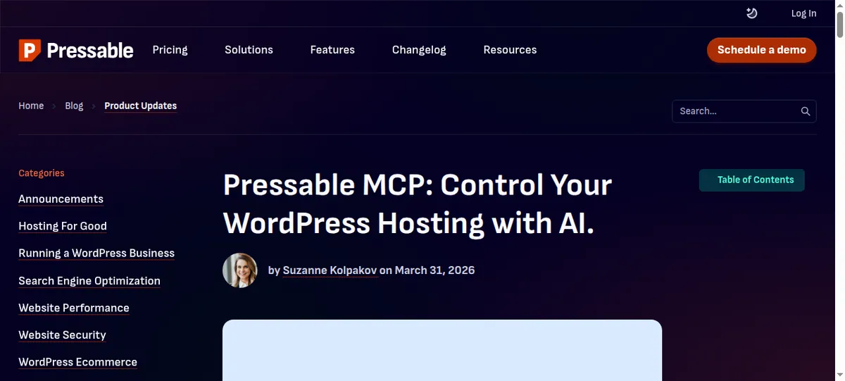 Pressable MCP announcement: Control your WordPress hosting with AI, published 31 March 2026