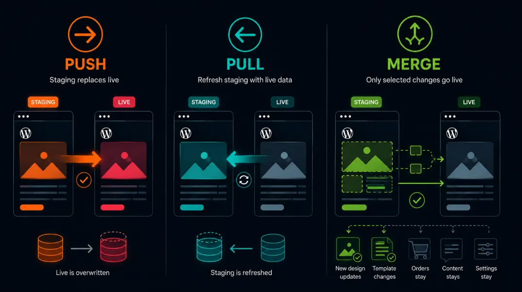 Push, pull and merge compared: push overwrites live, pull refreshes staging, merge sends only selected changes so orders, content and settings stay