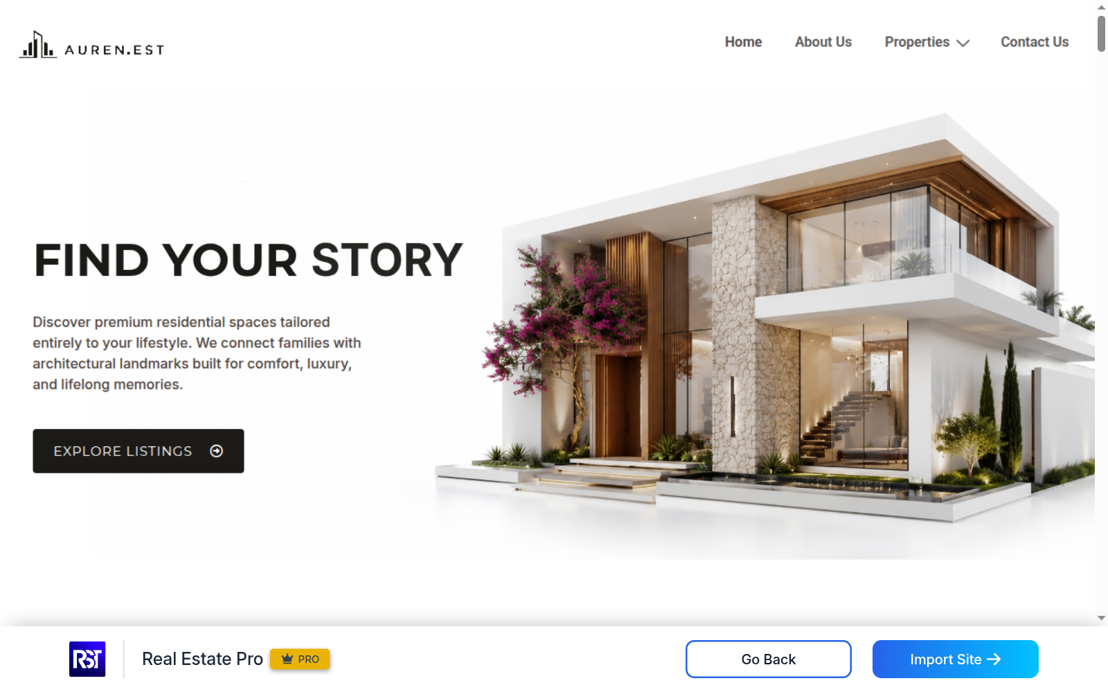 Real Estate Pro template preview with the Import Site button