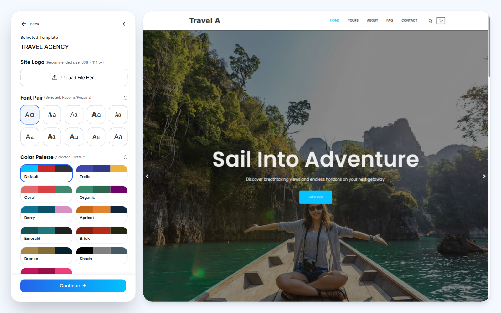 Responsive Starter Templates import step to set a site logo, font pair and color palette before continuing