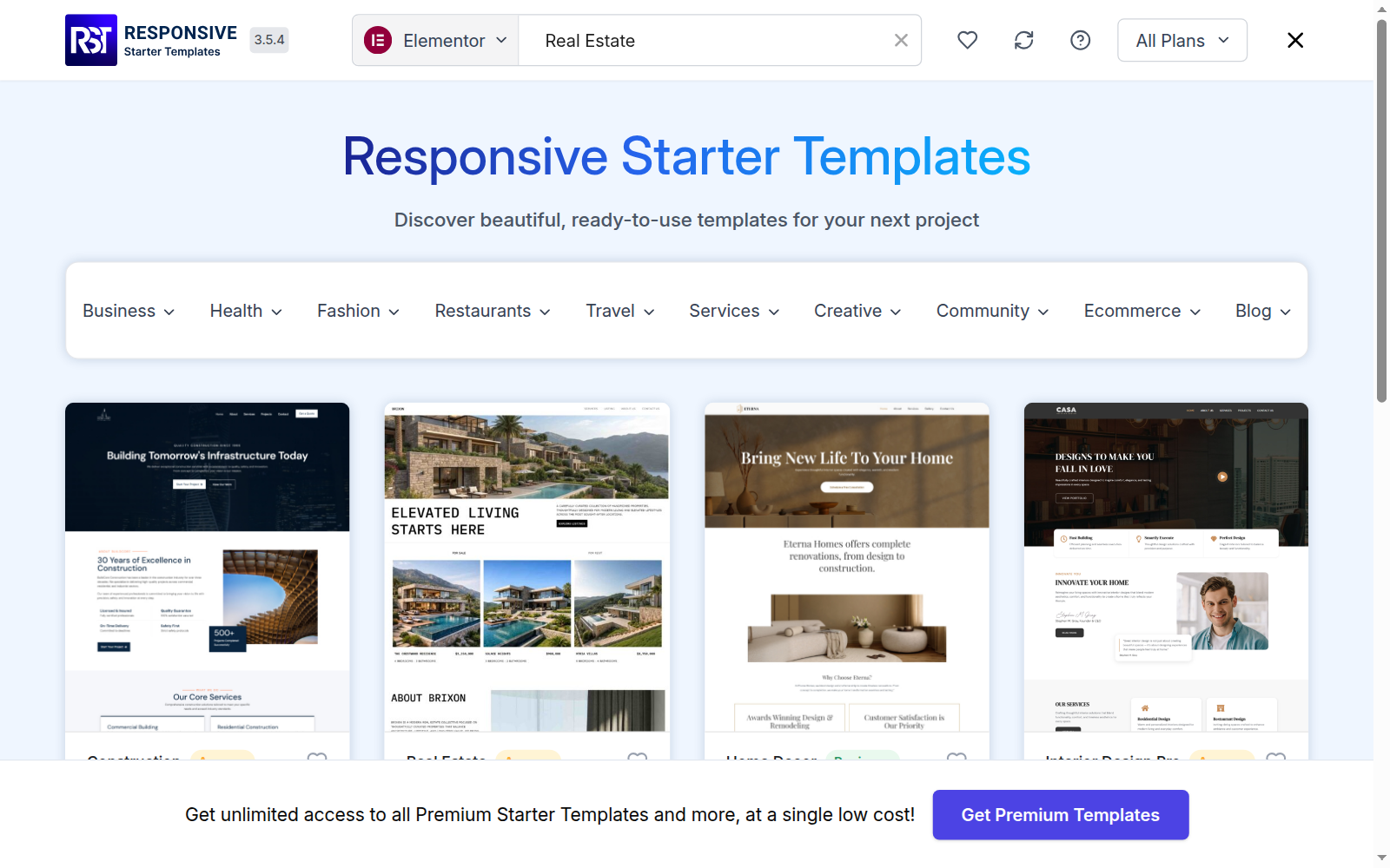 Responsive Starter Templates library filtered by a Real Estate search