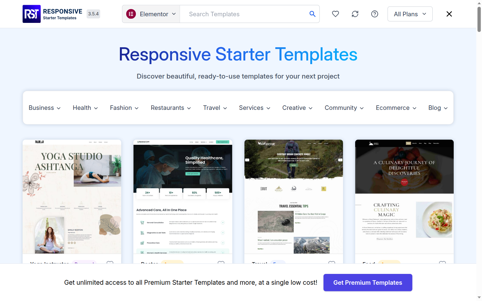 Responsive Starter Templates library with template categories and template previews