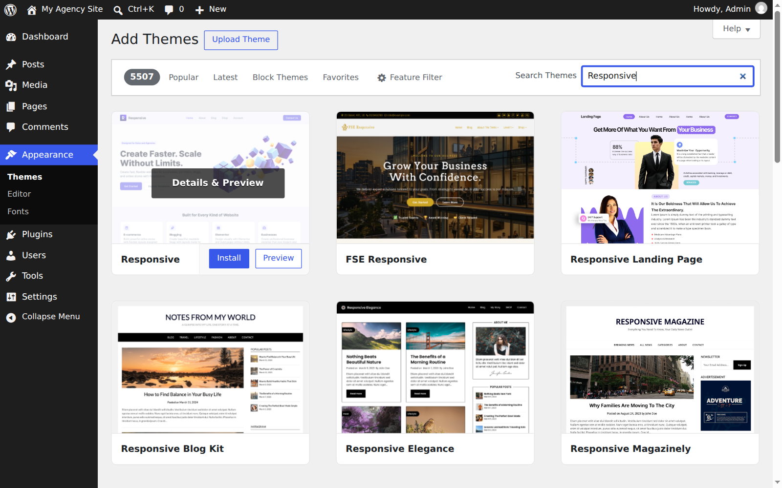 Responsive theme card in the theme search results with the Install and Preview buttons