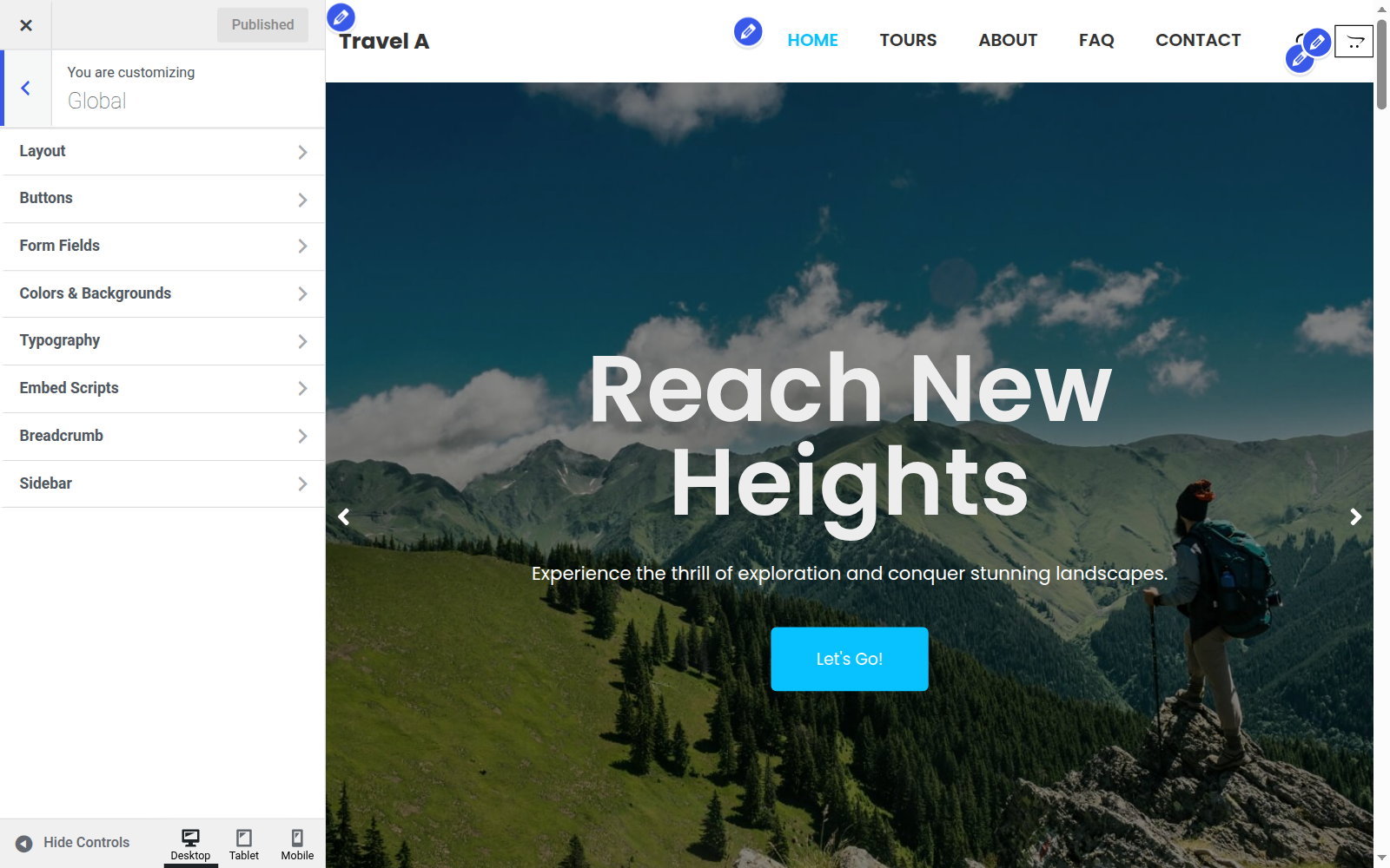 Responsive theme customizer Global settings list including Layout, Buttons, Colors and Typography