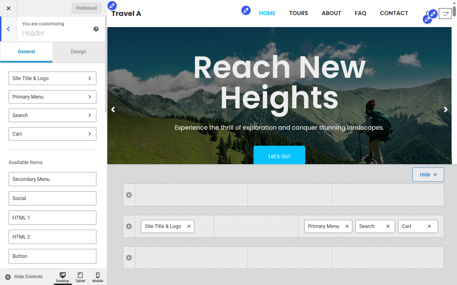 Responsive theme customizer Header panel with the header builder rows