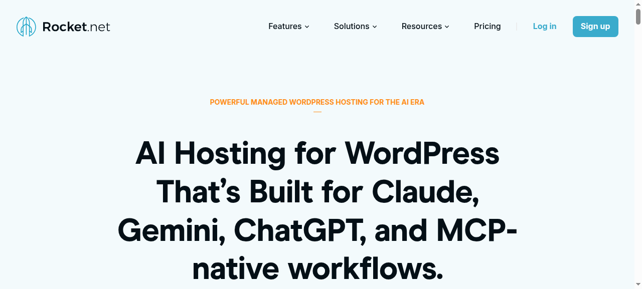 Rocket.net AI Hosting for WordPress page describing hosting built for Claude, Gemini, ChatGPT and MCP-native workflows