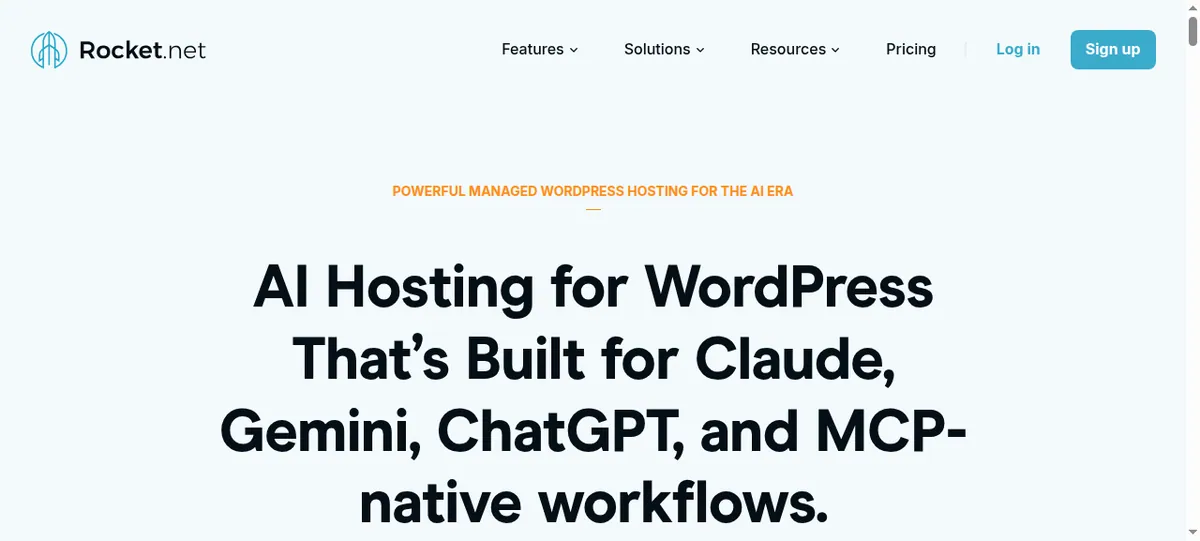 Rocket.net AI Hosting for WordPress page describing hosting built for Claude, Gemini, ChatGPT and MCP-native workflows