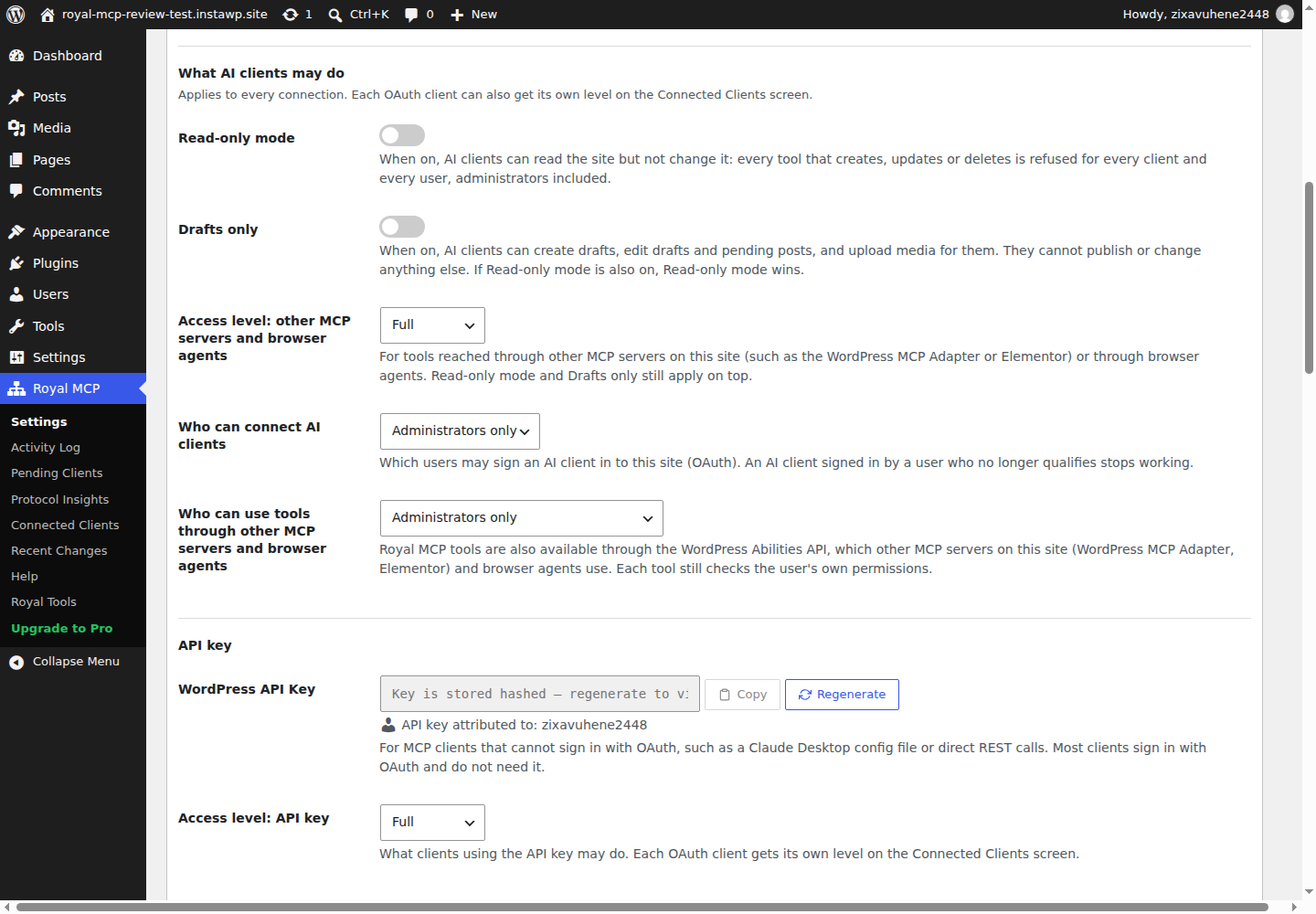 Royal MCP 1.5.13 settings in WordPress admin showing Read-only mode and Drafts only switches, access-level menus set to Full, and an API key stored hashed and attributed to one WordPress user