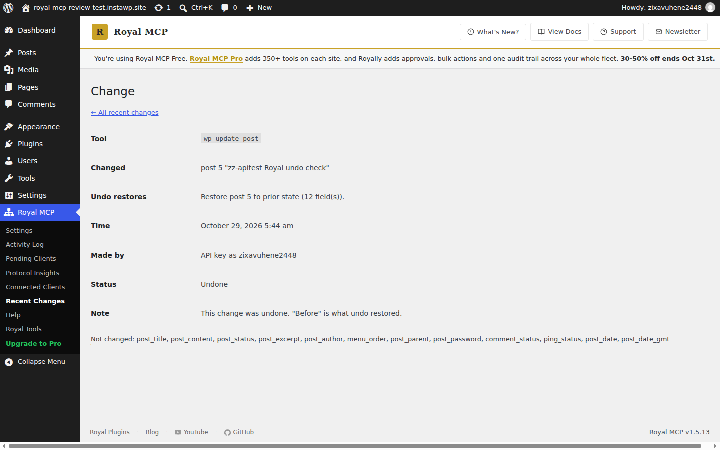Royal MCP change detail screen for a wp_update_post change made by the API key, showing what undo restores and the status Undone