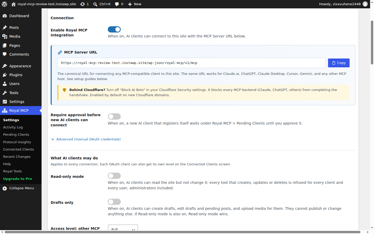 Royal MCP Connection settings with Enable Royal MCP Integration switched on and the site MCP Server URL ending in /wp-json/royal-mcp/v1/mcp