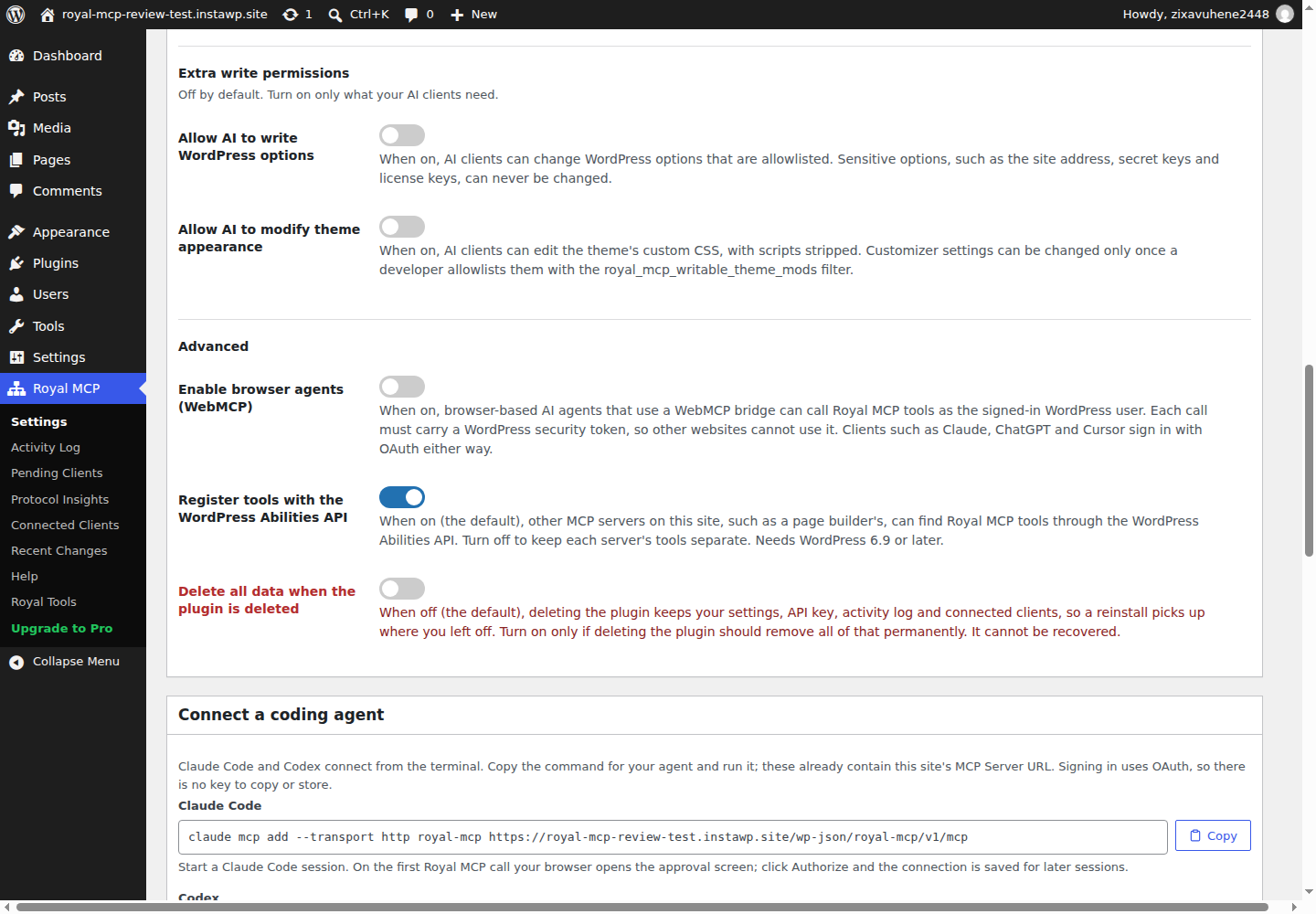 Royal MCP Extra write permissions section with Allow AI to write WordPress options and Allow AI to modify theme appearance both switched off by default
