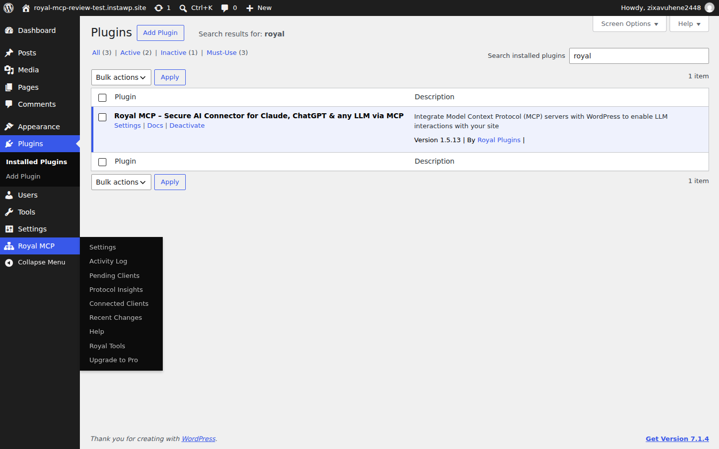 WordPress Plugins screen with Royal MCP 1.5.13 by Royal Plugins active and the Royal MCP admin menu open, showing Settings, Activity Log, Connected Clients and Recent Changes