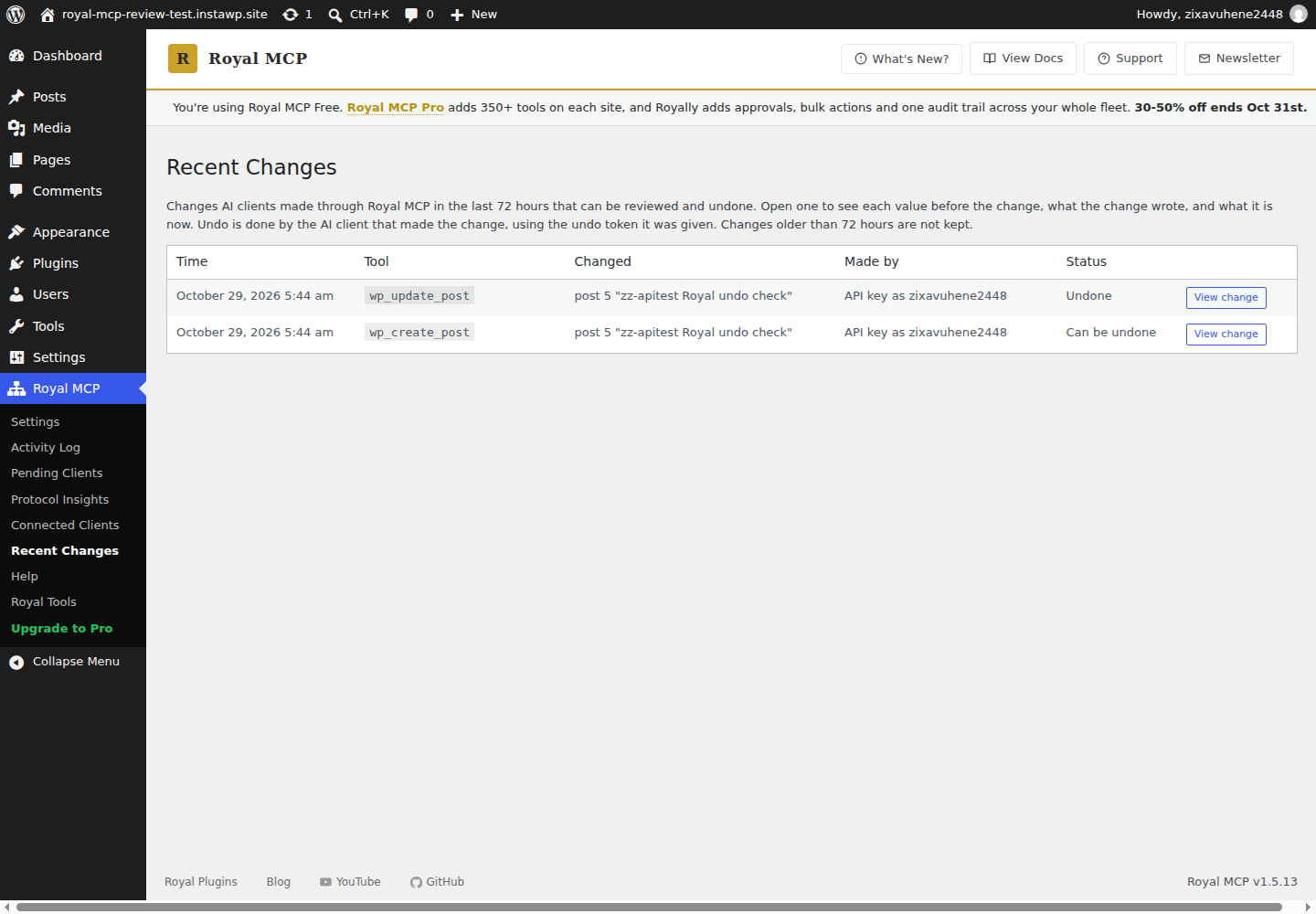 Royal MCP Recent Changes screen listing a wp_update_post change marked Undone and a wp_create_post change marked Can be undone, both made by the API key
