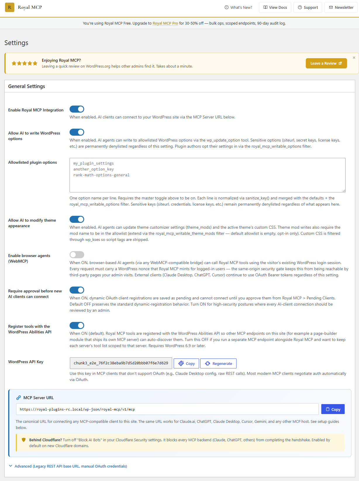 Royal MCP WordPress MCP plugin settings page showing the API key and the AI platforms it connects to