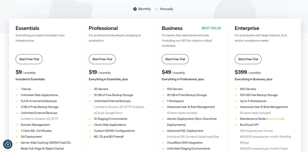 RunCloud pricing with monthly billing selected, showing Essentials at $9 for 1 server, Professional at $19 for 50 servers, Business at $49 for 100 servers and Enterprise at $399.