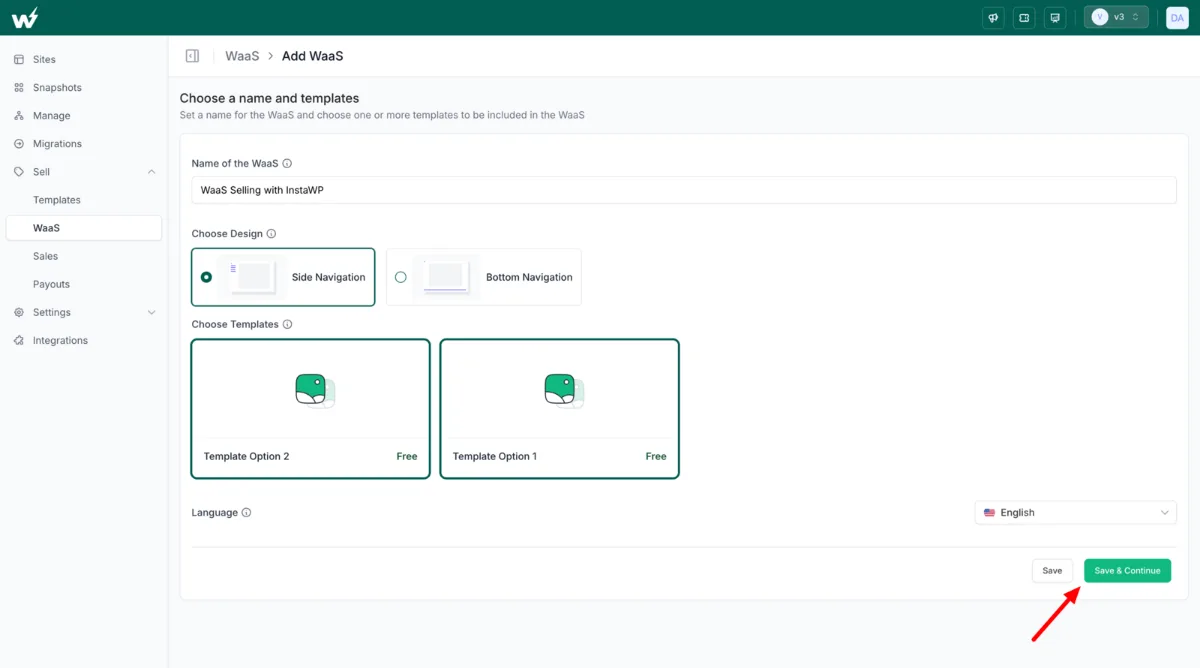 InstaWP Add WaaS screen: naming the WaaS, choosing side or bottom navigation, and selecting the templates clients can buy