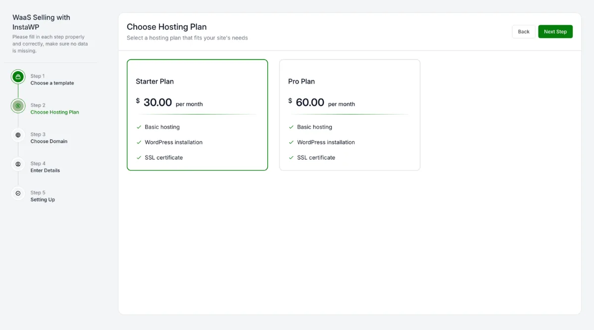 Client-facing WaaS checkout, step 2: the client chooses between the agency's Starter and Pro hosting plans