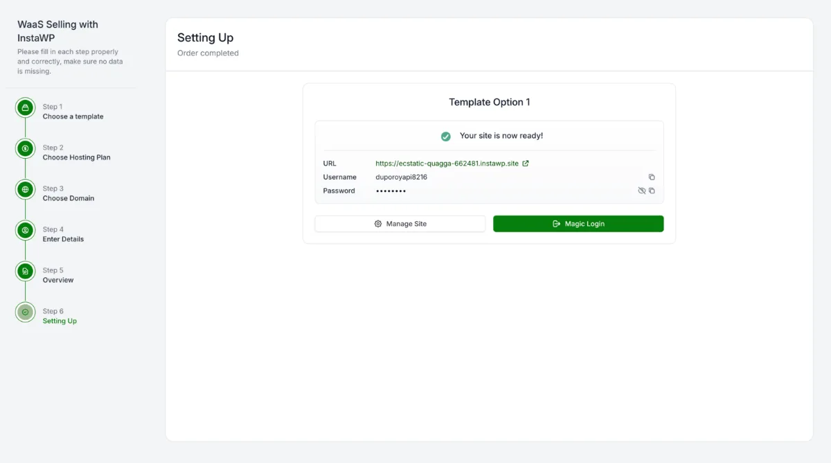 WaaS checkout complete: the client sees the new site URL, login details, Manage Site and Magic Login