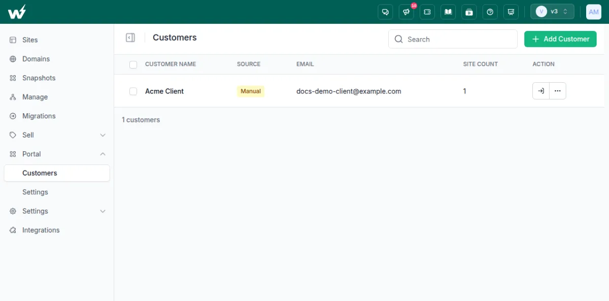 InstaWP Customer Portal Customers page listing each client, their email and how many sites they can manage