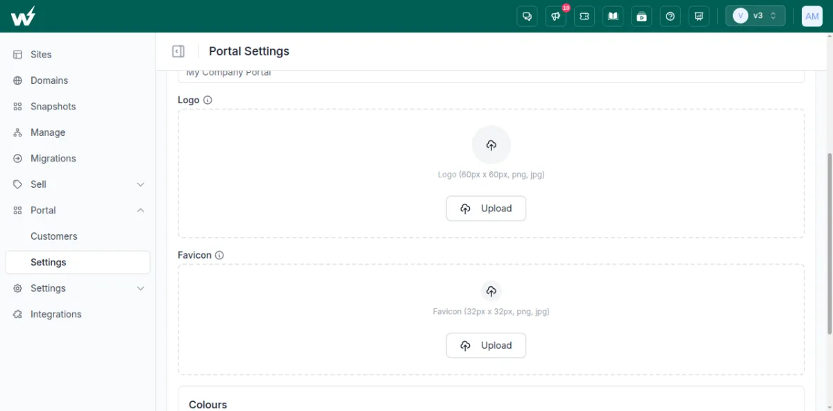 InstaWP Portal Settings: upload your logo and favicon so the client portal carries your agency brand