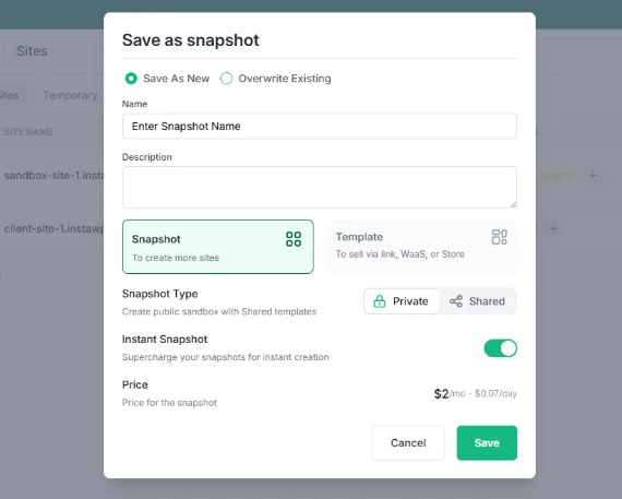 InstaWP Save as snapshot dialog with Snapshot or Template, Private or Shared, and Instant Snapshot options