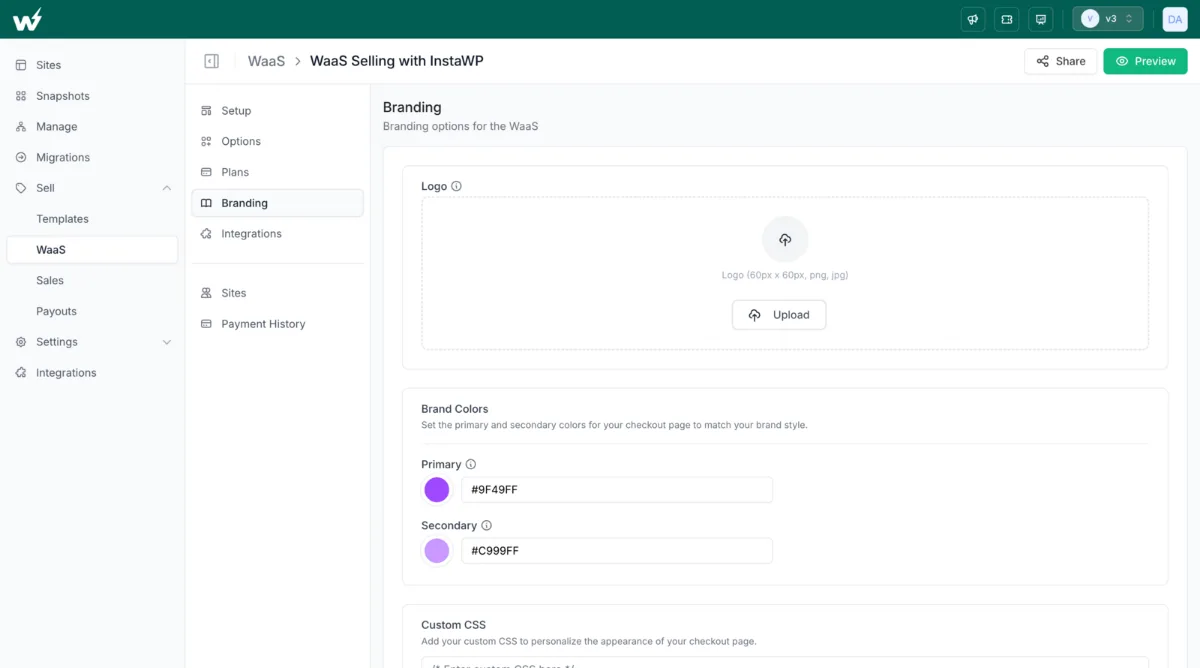 WaaS Branding settings in InstaWP: logo upload, primary and secondary brand colors, and custom CSS for the checkout page