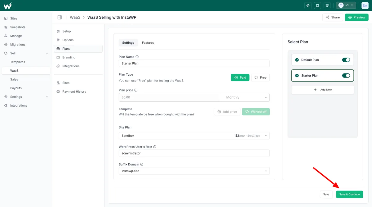 WaaS plan settings in InstaWP: a Starter Plan sold at $30 per month, template price waived, attached to an InstaWP Sandbox site plan