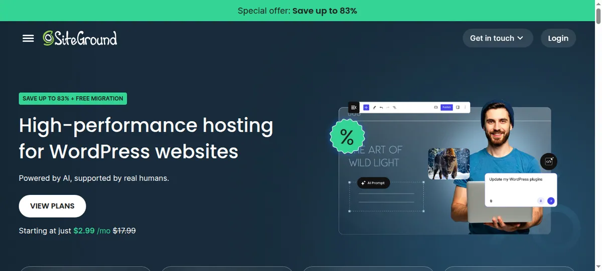 SiteGround WordPress hosting page advertising high-performance hosting powered by AI with a built-in AI agent