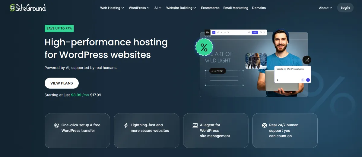 SiteGround homepage for WordPress hosting, with one-click setup, free WordPress transfer and 24/7 support