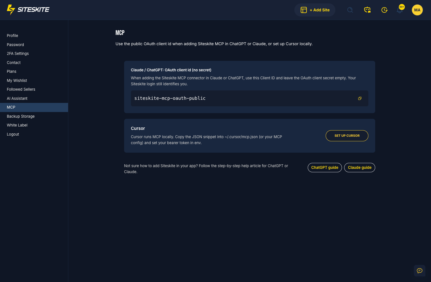 SiteSkite MCP screen for connecting Claude, ChatGPT and Cursor to WordPress sites
