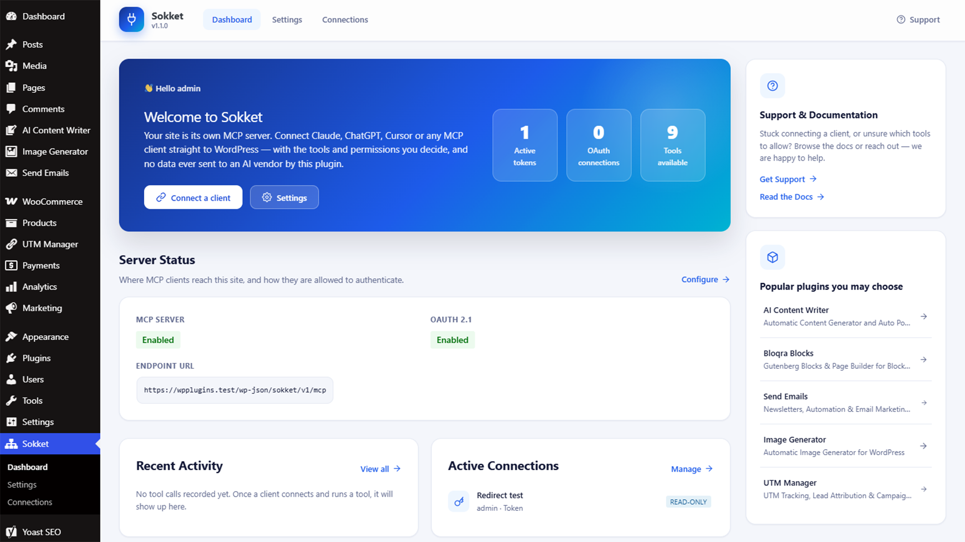 Sokket WordPress MCP server dashboard showing server status, endpoint URL, active connections and recent AI tool calls