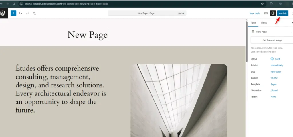 Publishing a new page in the WordPress block editor on the staging site while 2-Way Sync records the change
