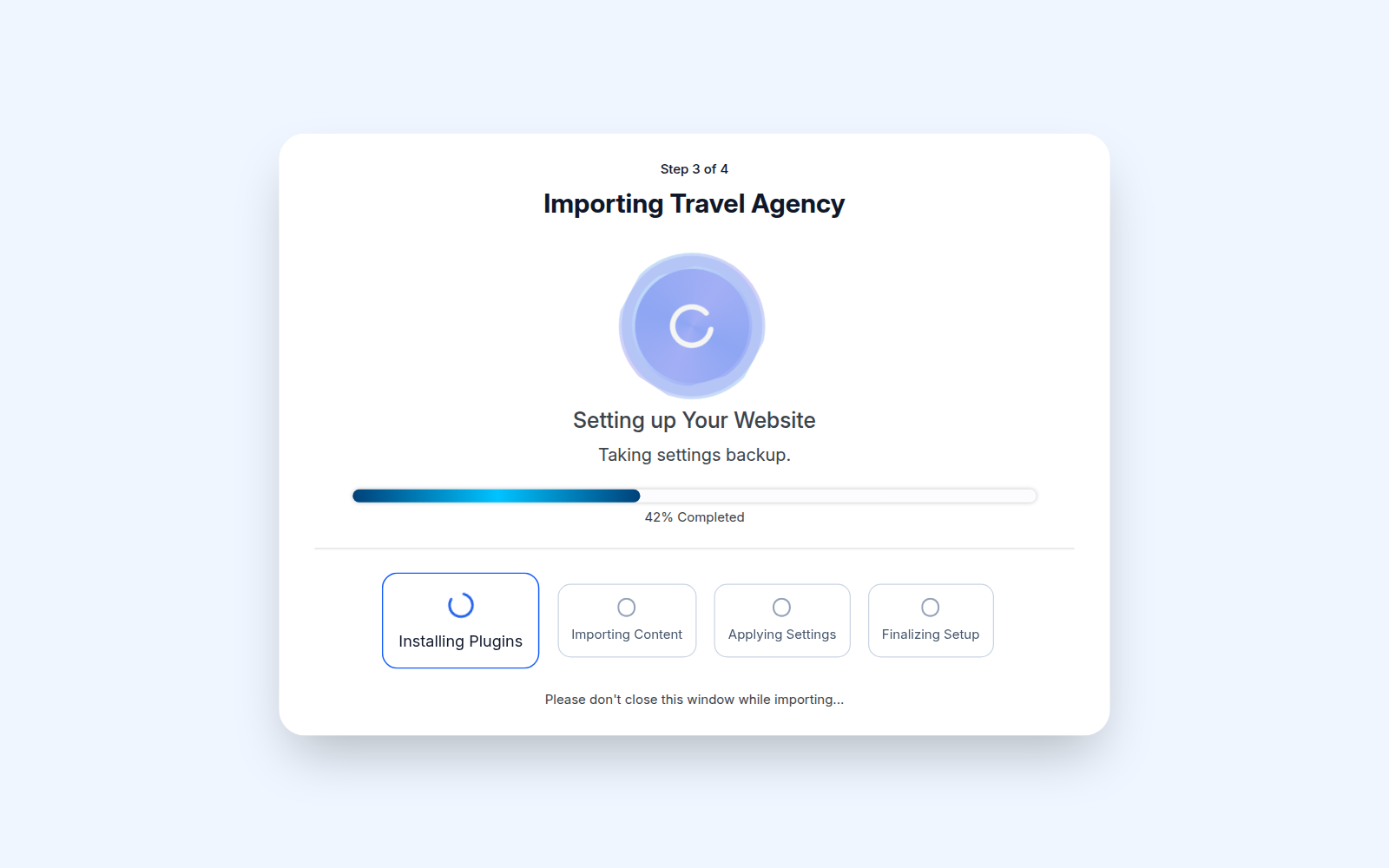 Template import progress screen showing plugins installed and demo content being imported