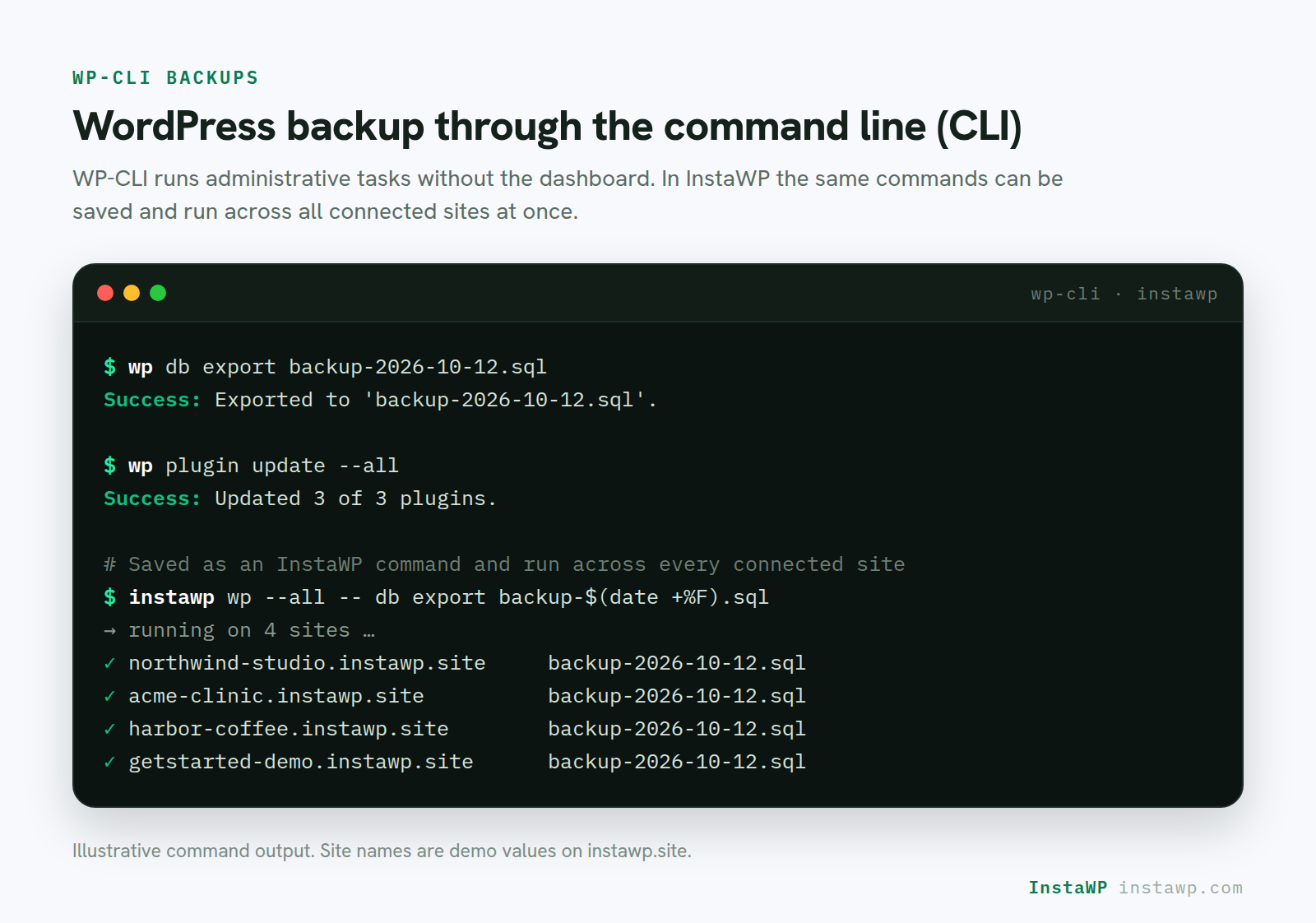 Terminal showing WP-CLI backup commands, wp db export and wp plugin update, run across connected InstaWP sites