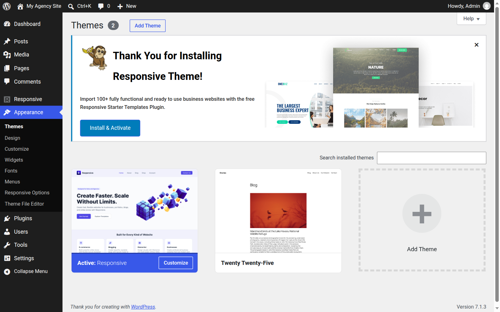 Thank you notice after activating the Responsive theme, with the Install and Activate button for Responsive Plus Starter Templates