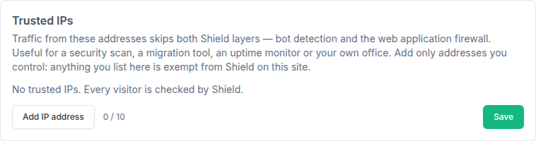 The Trusted IPs card in InstaWP Shield settings, where up to 10 addresses you control can skip both bot detection and the firewall