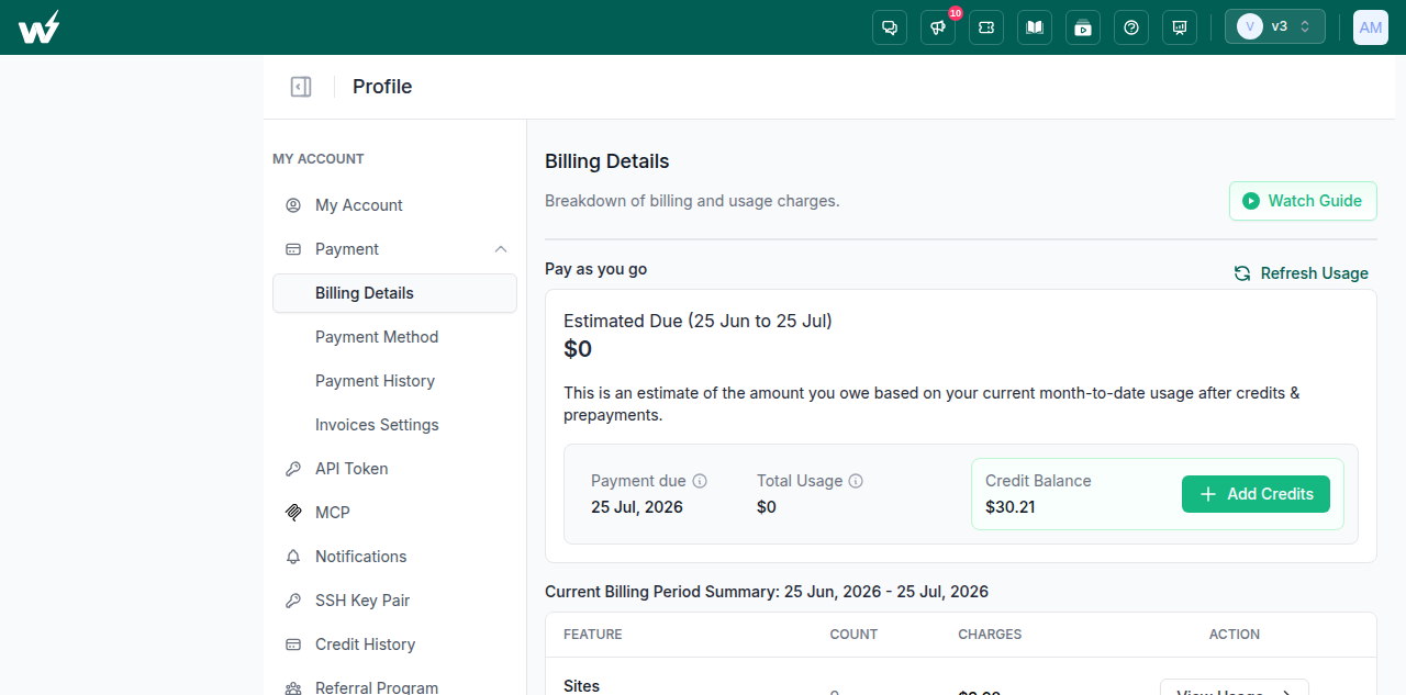 The Billing Details page in the InstaWP dashboard showing the estimated amount due for the month after credits, the payment due date, total usage and the credit balance