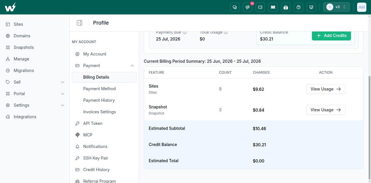 The Current Billing Period Summary in InstaWP Billing Details, listing sites and snapshots with their counts and charges, the credit balance and the estimated total