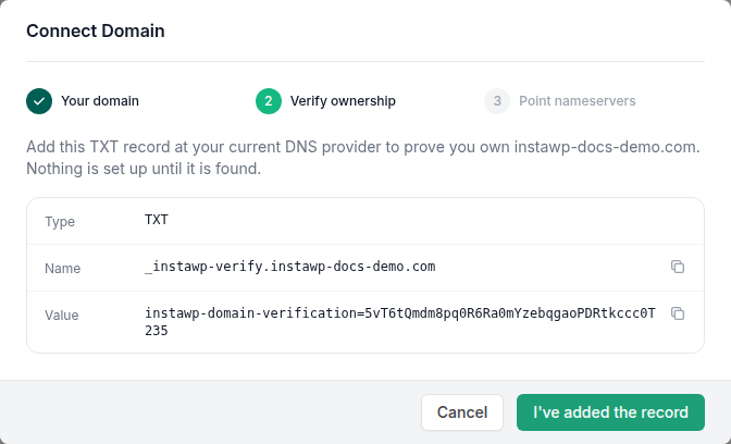 The Connect Domain dialog in InstaWP asking for a TXT record named _instawp-verify to prove ownership before nameservers are switched