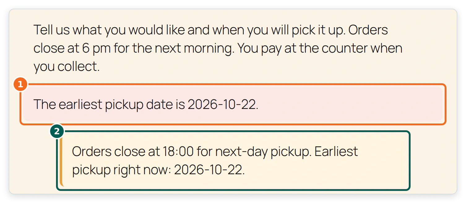 The Order ahead page after a request for 21 October 2026, showing a red error that says the earliest pickup date is 2026-10-22, above the amber cutoff notice.