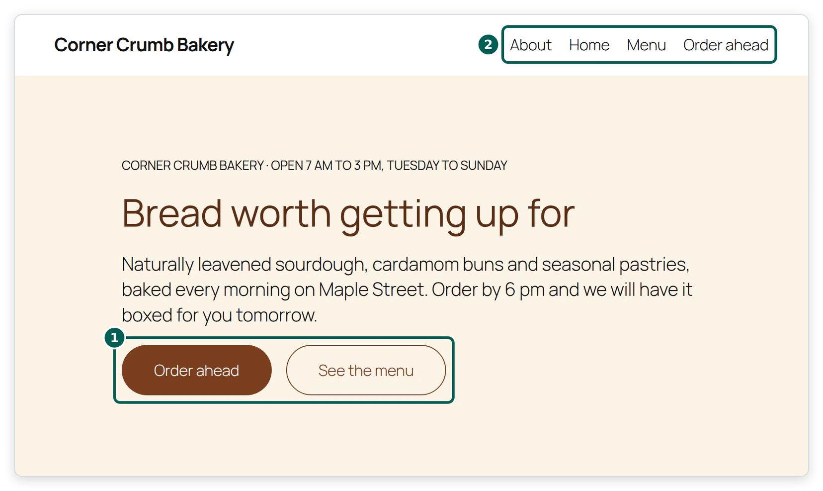 The home page of the Corner Crumb Bakery demo site on an InstaWP sandbox, with the headline Bread worth getting up for, an intro about sourdough and the 6 pm order cutoff, Order ahead and See the menu buttons, and a navigation menu with About, Home, Menu and Order ahead.