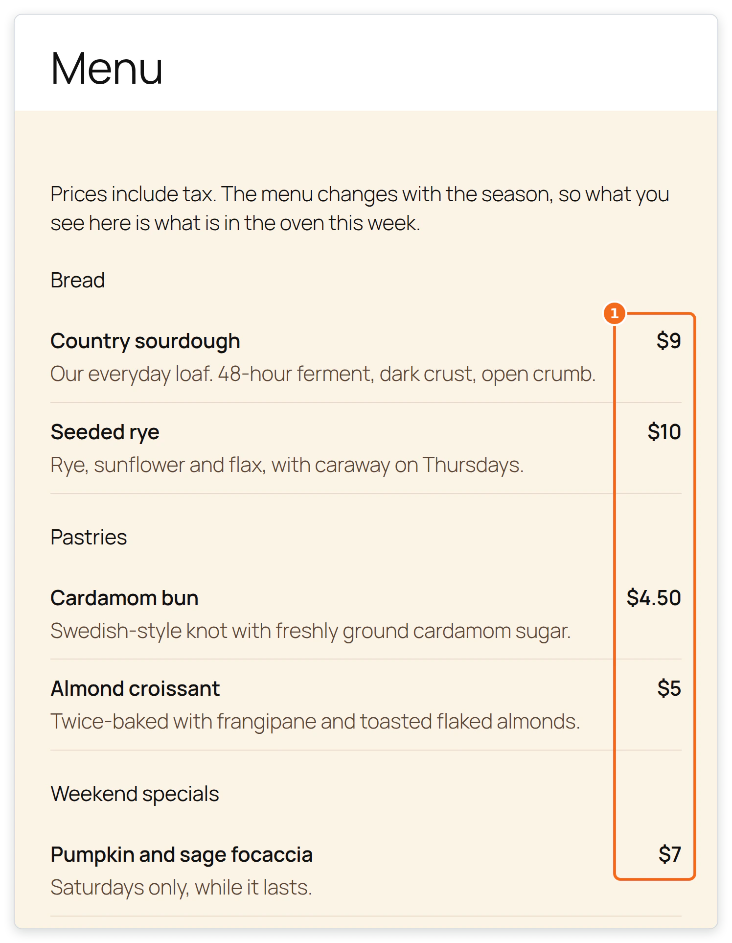 The Menu page of the demo bakery site, listing items grouped under Bread, Pastries and Weekend specials, each with a name, a one-line description and a price aligned right.