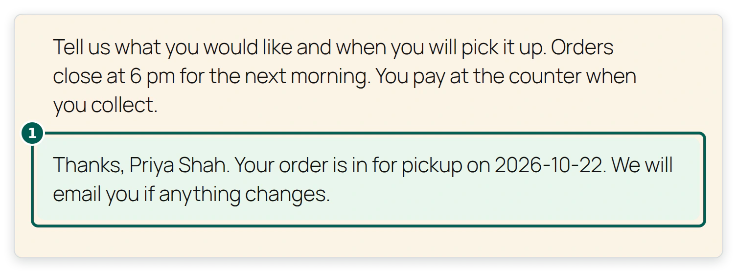 The Order ahead page after a test order, showing a green confirmation that thanks the customer by name and confirms pickup on 2026-10-22.