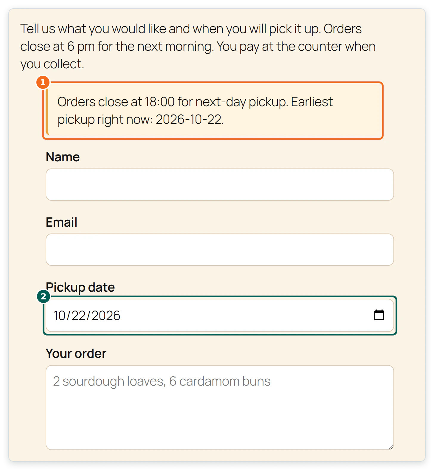 The Order ahead page of the demo bakery site, with an amber notice saying orders close at 18:00 for next-day pickup and the earliest pickup is 2026-10-22, followed by Name, Email, Pickup date and Your order fields.