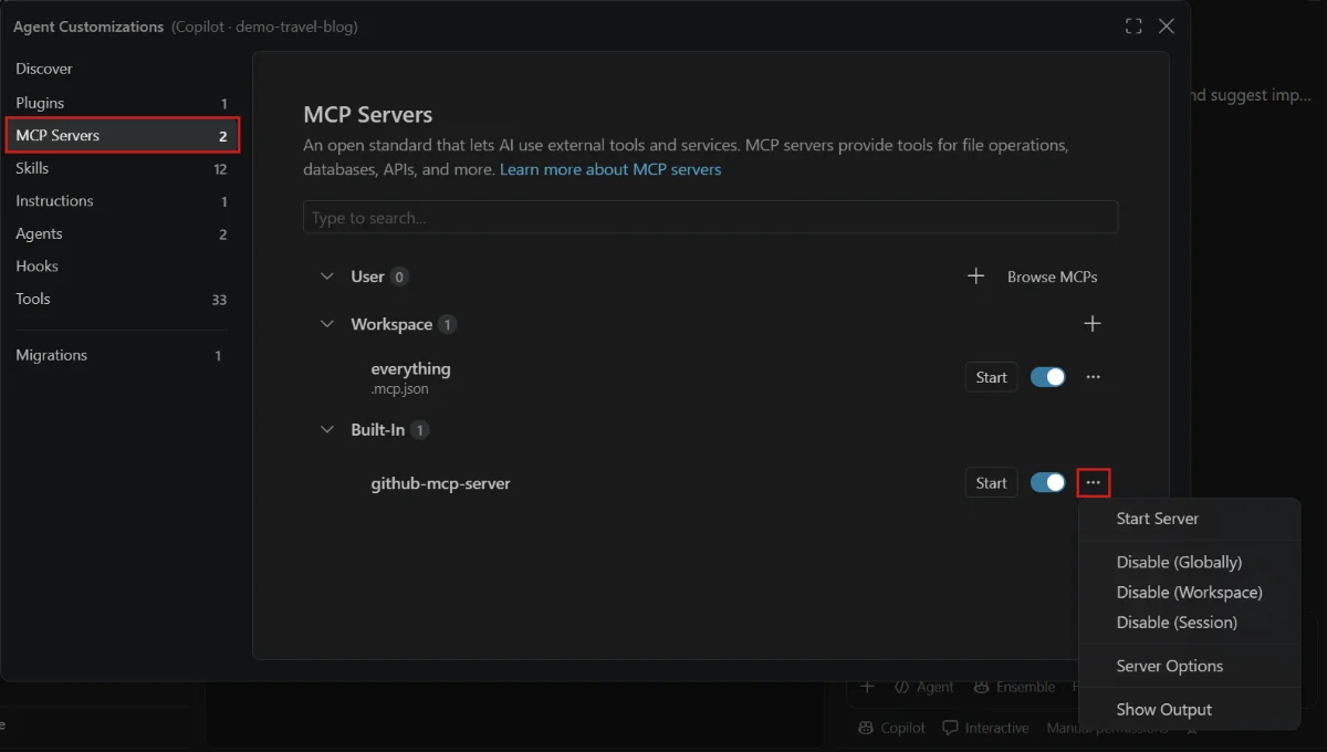 The MCP Servers section of the Agent Customizations editor in VS Code, listing User, Workspace and Built-In servers with Start buttons, on/off switches and an actions menu.