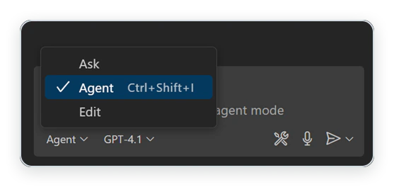 The Copilot Chat mode picker in VS Code, with Agent selected.