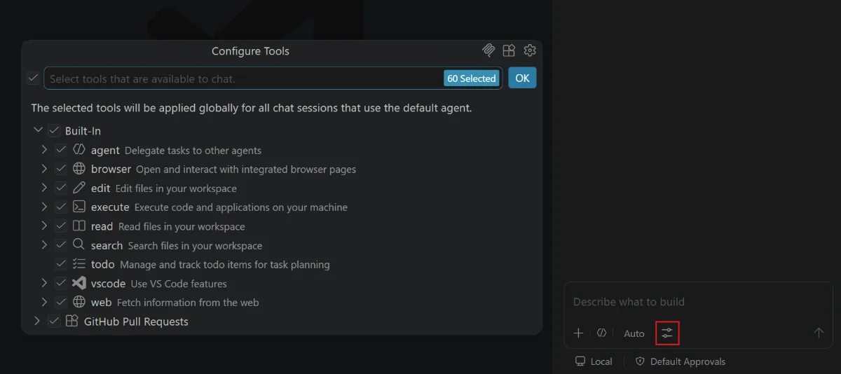 The Configure Tools picker in VS Code chat, with the tools button highlighted in the chat input and a list of tools that can be switched on or off.